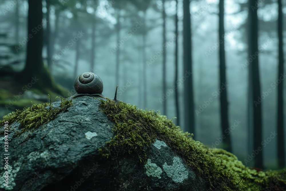 Poster Snail resting on a mossy rock in a misty forest during early morning hours with tall trees in the background