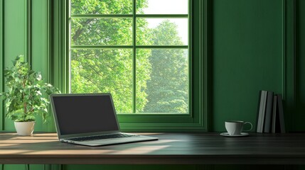 Fototapeta premium Laptop and Coffee on Wooden Table by Green Window