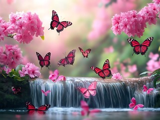 Pink butterflies on waterfall with flowers