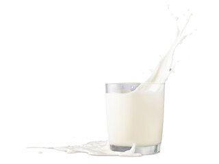 Splash de leche sobre vaso de cristal. PNG.