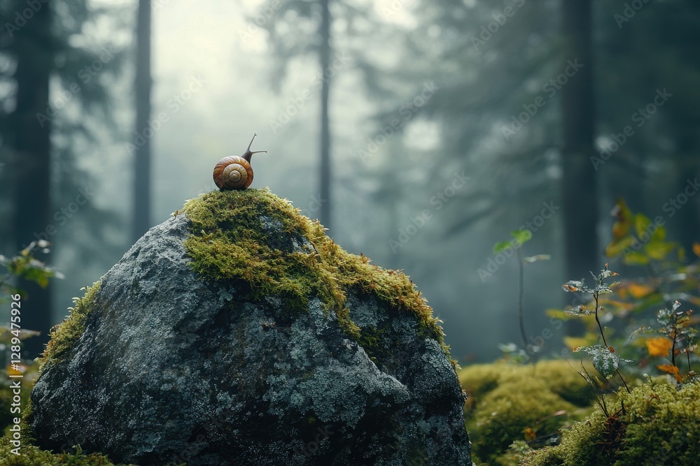 Poster Snail resting on a mossy rock in a misty forest during early morning hours with tall trees in the background