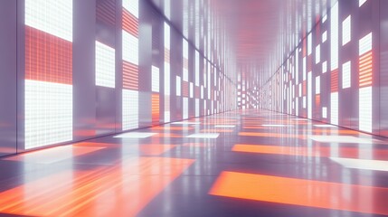 An endless corridor filled with rhythmic floating LED-like grid fragments glowing in alternating red and white patterns
