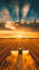 Tractor plowing a field at sunset with golden light illuminating the landscape. Top view of farm