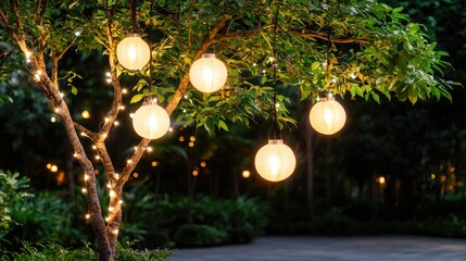 Outdoor String Lights Decorated Tree at Night. Possible Use Stock Photo for home decor, party supplies, or garden design