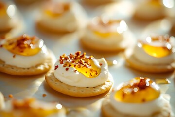 Mini crackers topped with cream cheese, drizzled with honey, and sprinkled with chili flakes.