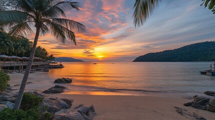Stunning sunset over tranquil beach tropical island destination landscape photography serene environment wide angle view
