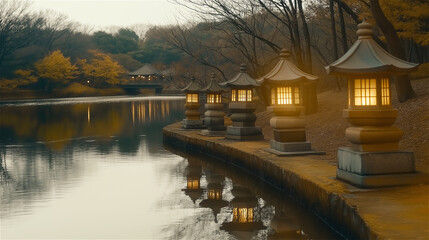 A peaceful autumn park scene featuring traditional Japanese lanterns along a serene riverbank. The tranquil atmosphere highlights natural beauty with fall foliage in the background.
