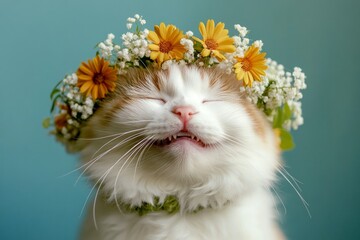Holiday season happiness. Cute adult cat turkish van wearing free flower crown on its head. Early sunshine. Cat&acirc;&euro;&trade;s holiday escape in nature. Playful cat enjoying summer. Cat with flower wreat.