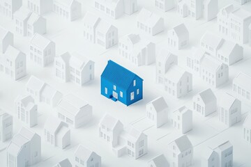 A striking blue house is centrally located within a cluster of white paper-like houses