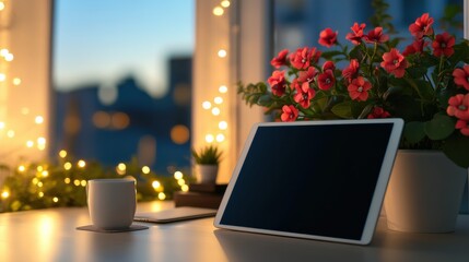 Elegant home desk setup with tablet and flowers