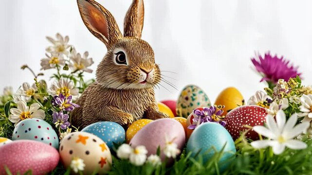 Curious bunny among colorful easter eggs and spring flowers in a lush garden setting