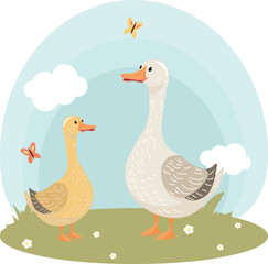 Goose. Farm animals with landscape - cardboard vector illustration