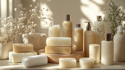 A collection of elegant, eco-friendly waterless beauty products like solid shampoo bars, facial cleansing sticks, and lotion bars, arranged artistically.