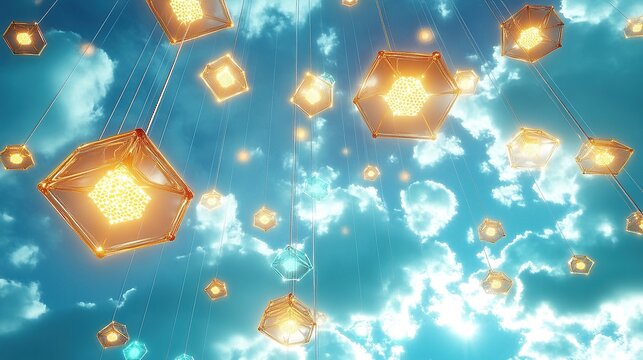 An infinite sky filled with suspended glowing cyan and amber hexagonal grids connecting in mesmerizing and ever-evolving crystalline patterns.