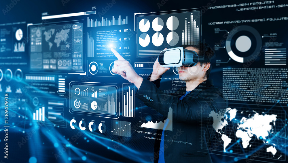 Poster smart business man with goggles working while using ai technology. manager accessing at global netwo