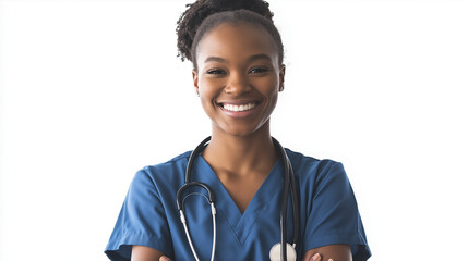 Nurse in blue scrubs, warm and compassionate smile, caring and professional, isolated on a white background