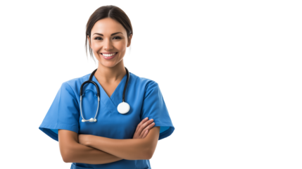 Nurse in blue scrubs, warm and compassionate smile, caring and professional, isolated on a white background