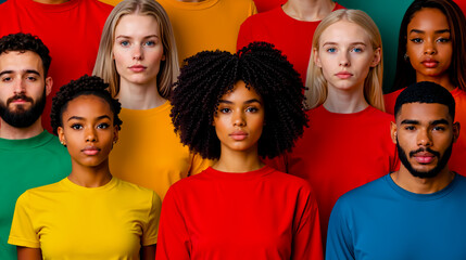 A group of people in colorful t-shirts standing in a row
