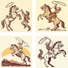 a cowboy bucking horse lassoing  vintage retro vector
