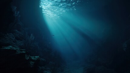 Dark underwater scene with sunlight piercing through the water