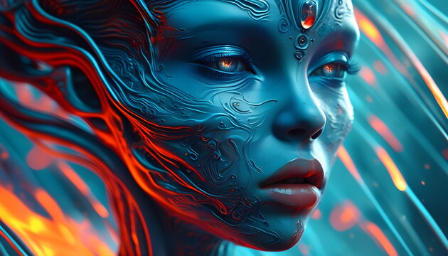 A captivating portrait of an extraterrestrial girl with glowing eyes and intricate patterns