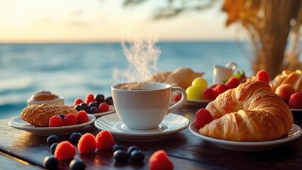 A serene breakfast scene by the sea with steaming coffee, fresh croissants, and colorful fruits