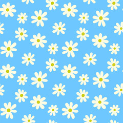 Small white flowers isolated on light blue background. Cute floral seamless pattern. Vector simple flat graphic hand drawn illustration. Texture.