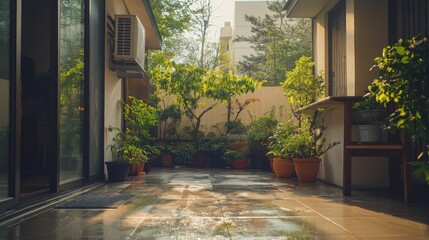A neat terrace being tidied up, with someone washing windows, sweeping floor, arranging potted plants image conveys sense of satisfaction accomplishment as outdoor space becomes pleasant retreat