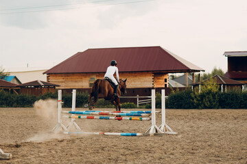 Back rear view of chestnut horse in harness with female rider jockey in hat helmet and white uniform with bridle stack and boots