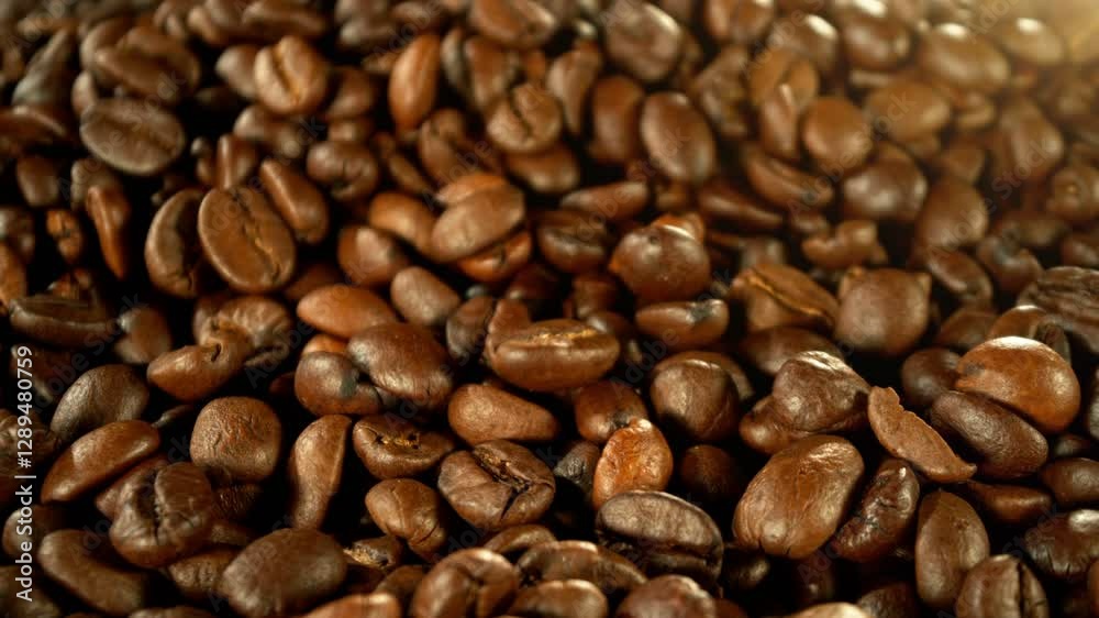 Poster super slow motion of coffee beans rotating in roasting grinder. concept of roasting coffee beans wit