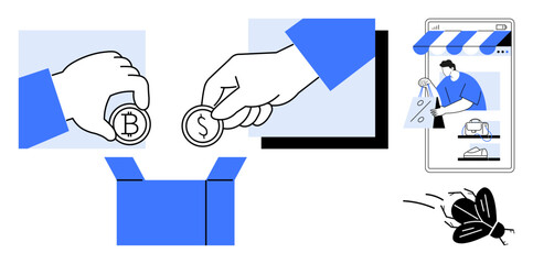 Hands holding Bitcoin and Dollar coins over a box, man shopping online, flying insect. Ideal for online shopping, e-commerce, digital payment, cryptocurrency, financial transactions, savings