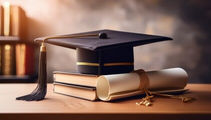 卒業祝いのモチベーションカード_A graduation card featuring a cap and diploma design, placed on a desk with 