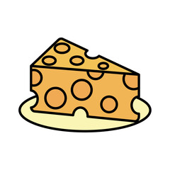 Vector illustration of a wedge of yellow Swiss cheese with holes, served on a plate, outlined in black, perfect for food, dairy, or snack-themed graphic designs
