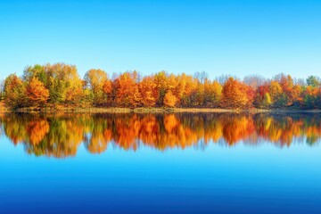 Vibrant Autumn Landscape Featuring A Calm Lake Reflecting Colorful Trees Under A Clear Blue Sky, A