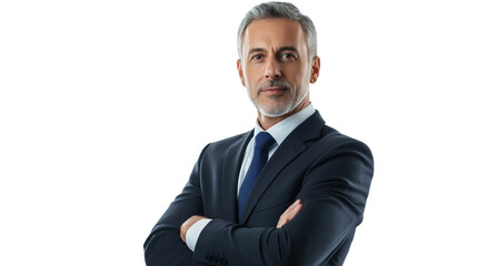 Senior manager in a formal business outfit, authoritative and experienced expression, slight confident smirk, isolated on a white background