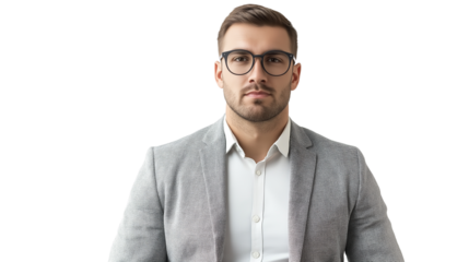 Young entrepreneur in a modern gray blazer, trendy glasses, focused and determined look, isolated on a white background