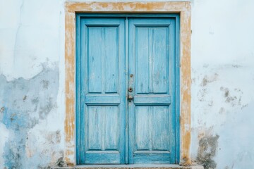 Light Blue Wooden Door in Rustic Setting - This features a beautifully aged light blue wooden door, symbolizing welcome, tranquility, restoration, nostalgia