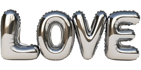 Decorative silver love balloons arranged for a special celebration or event in bright lighting