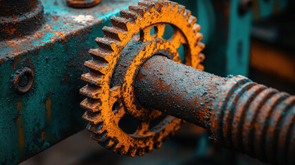 Rusty old gears of a forgotten machine showcase intricate corrosion and textures under moody atmospheric lighting in a once-vibrant workshop setting