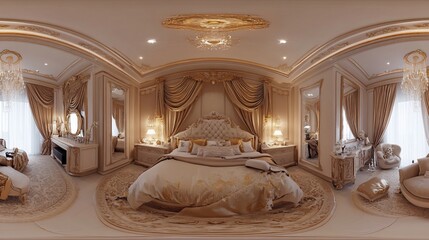 Luxurious master bedroom with gold accents, elegant furniture, and large windows.