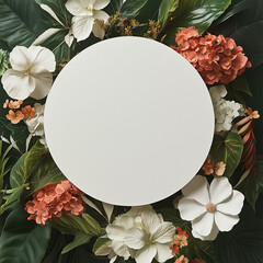 A beautiful, fresh frame featuring a lush arrangement of flowers and greenery surrounding a circular blank space.