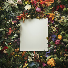 A vibrant and bold floral border featuring rich colors like red, yellow, and purple, surrounding a blank square space. 
