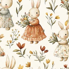 Cute seamless pattern with Easter bunnies and flowers. Ideal for printing on fabric and wallpaper.