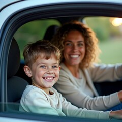 mother and son driving car