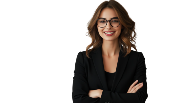 Confident businesswoman in a tailored black blazer, professional hairstyle, stylish glasses, warm and approachable smile, isolated on a white background