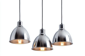 Modern Chrome Pendant Lights with Warm Glow - This features three elegant chrome pendant lights hanging elegantly, illuminating a contemporary space with a warm glow