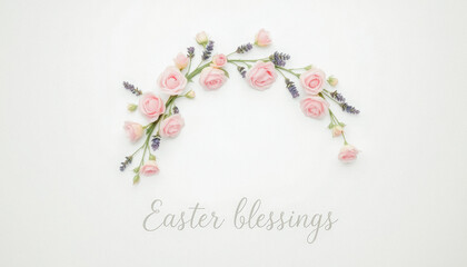 A soft floral design with pink roses and lavender, featuring "Easter blessings" text on a white background.