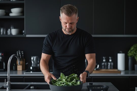 Man preparing fresh leafy greens in a modern kitchen with black decor