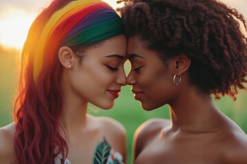 Obraz premium Two women in a tender moment outdoors during a beautiful sunset