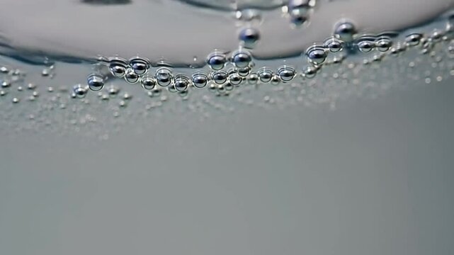 Abstract Fluid Art of Bubbles Floating on Water Surface in Minimalist Blue Tones. Concept: Science, Relaxation, Digital Background